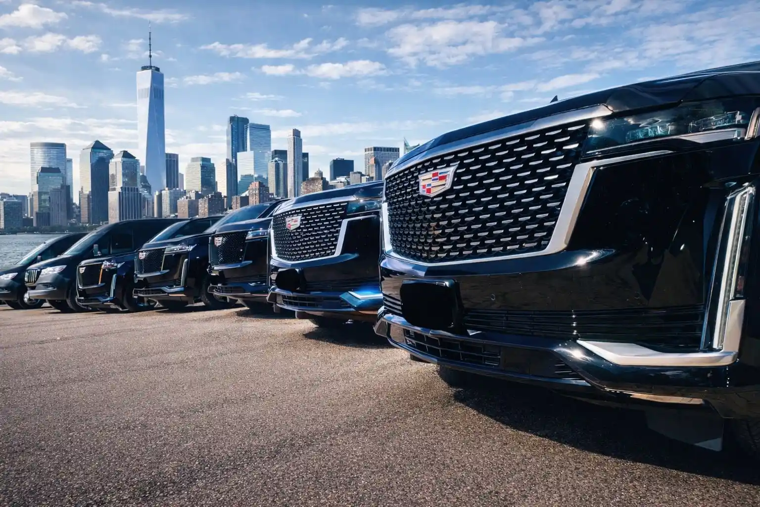 Luxury black car fleet lined up in New Jersey for American Car Service with city skyline in the background.
